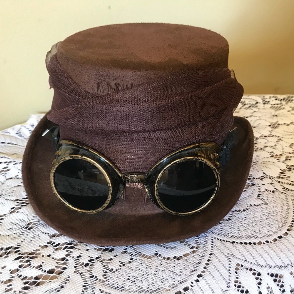 Brown Steam Punk Goggles Lace Banded Hat